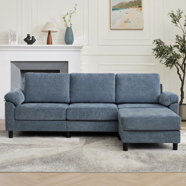 Modern 90 in. Pillow Top Arm 4-piece Chenille L-Shaped Modular Sectional Sofa Couch with Ottoman in Blue