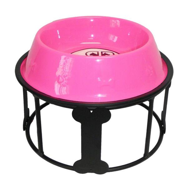 Platinum Pets 6.25 Cup Wrought Iron Bones and Stripes Single Feeder with Embossed Non-Tip Bowl in Pink