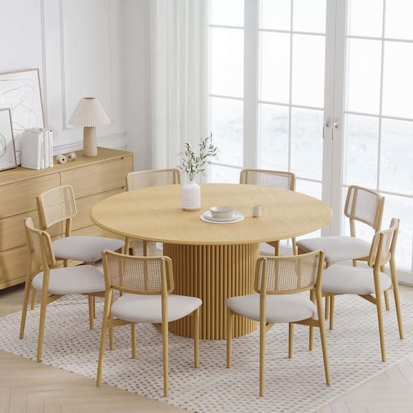 Dovelina 60 in. Natural Oak Wood Color Column Pedestal Round Kitchen Table Dining Table Seats 6