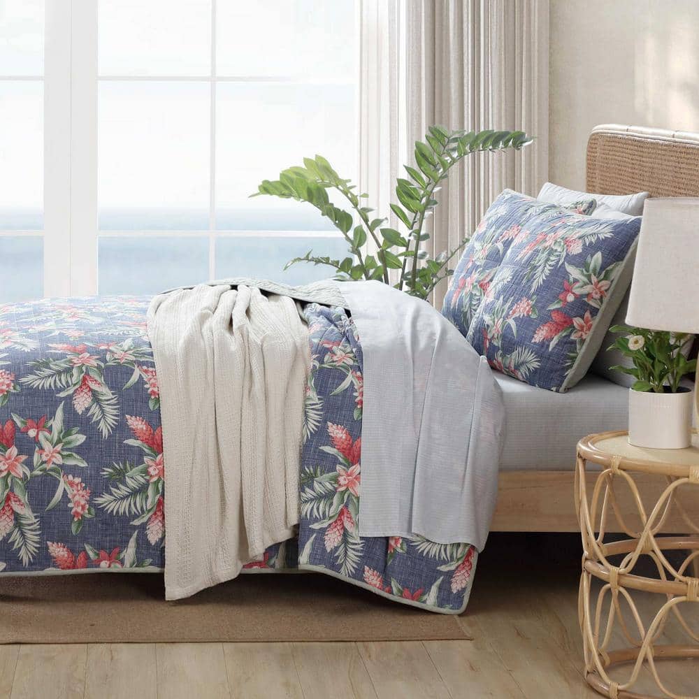 Navy Cotton Reversible Twin Quilt Set with Floral Design