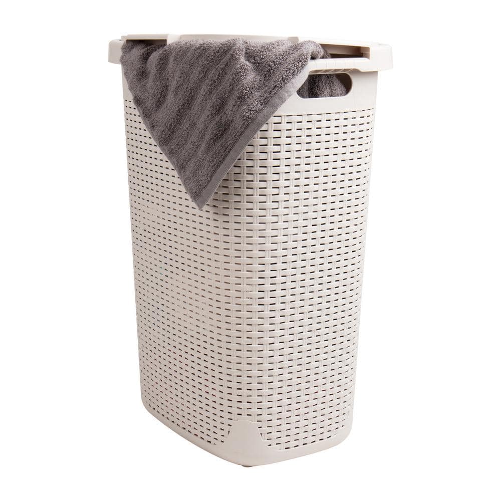 Ivory Plastic Wicker Collapsible Laundry Hamper with Wheels and Lid