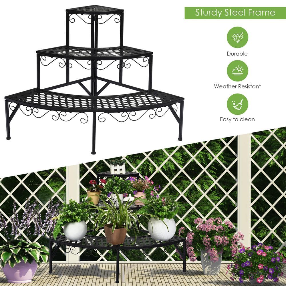 Elegant Black Metal 3-Tier Corner Plant Stand Display Rack