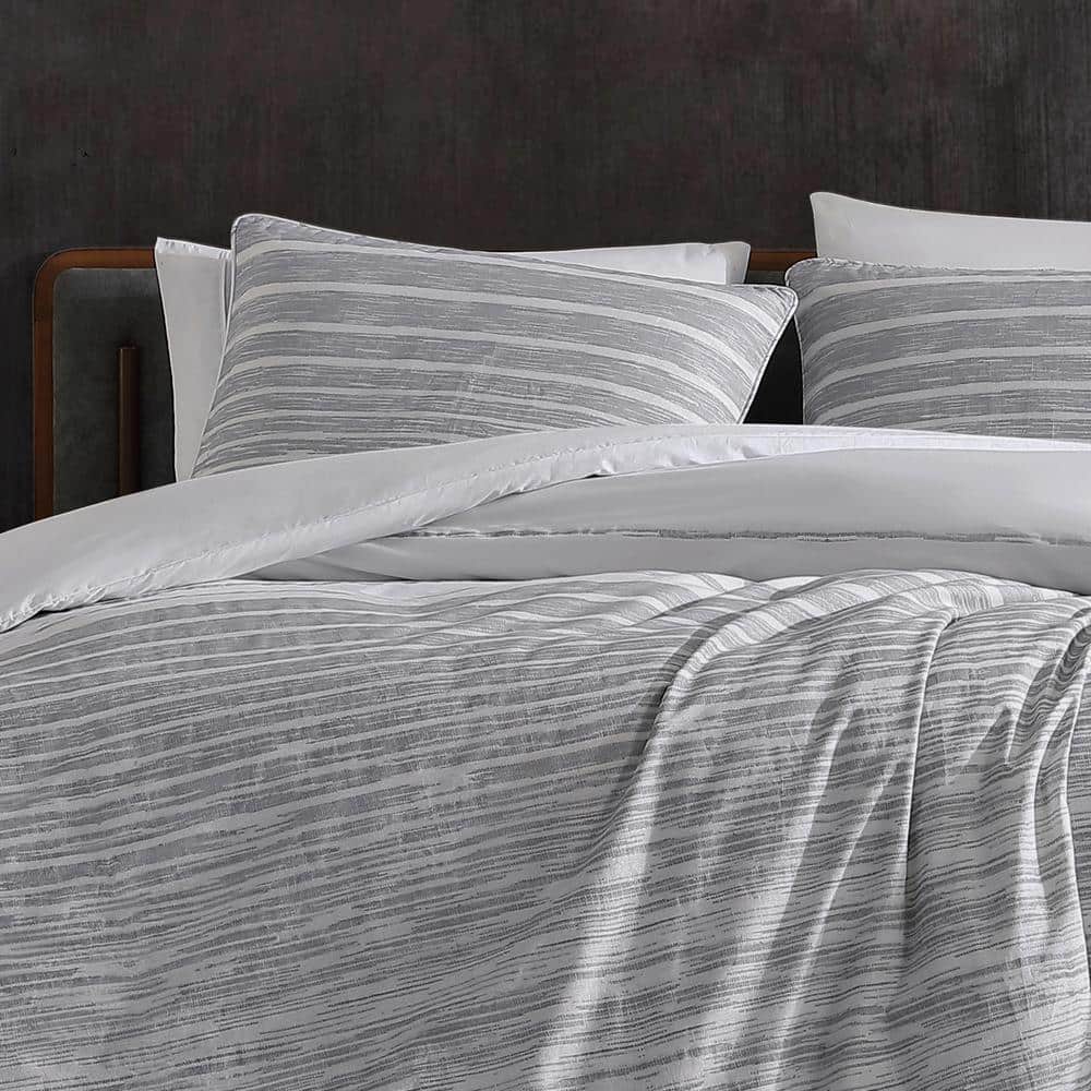 King Grey Cotton Abstract Stripe Duvet Cover Set