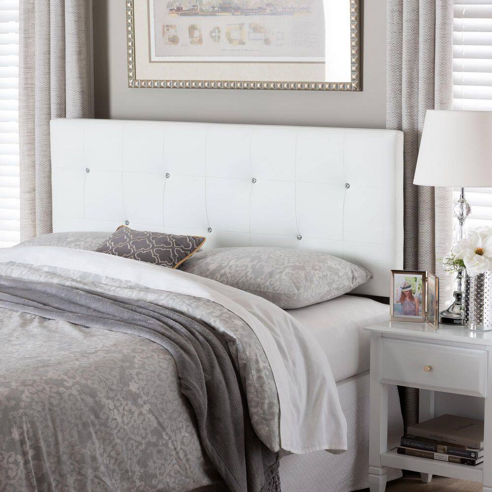 White Faux Leather Tufted Queen Headboard with Crystal Buttons