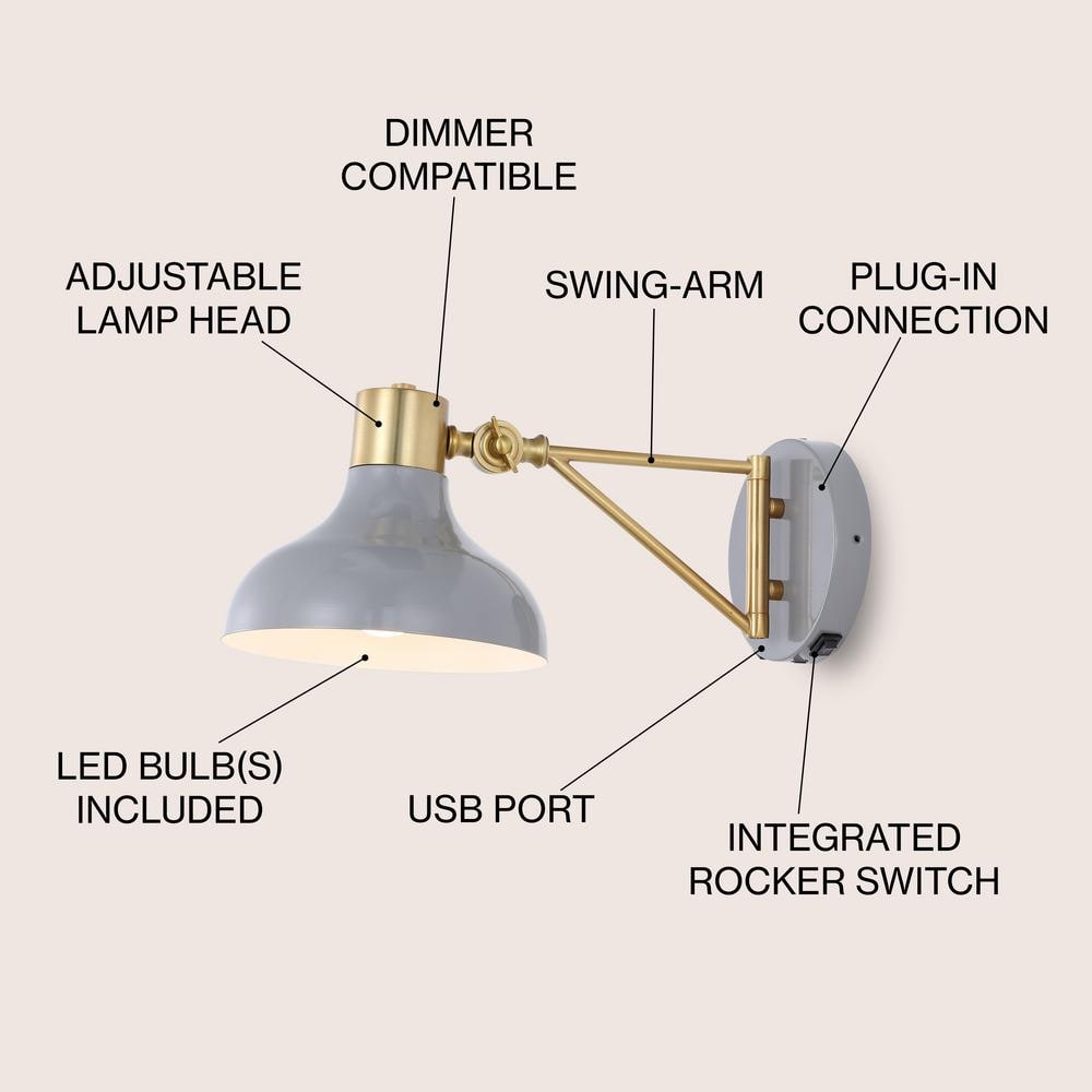 Gray and Brass Gold Swing Arm Wall Sconce with USB Port