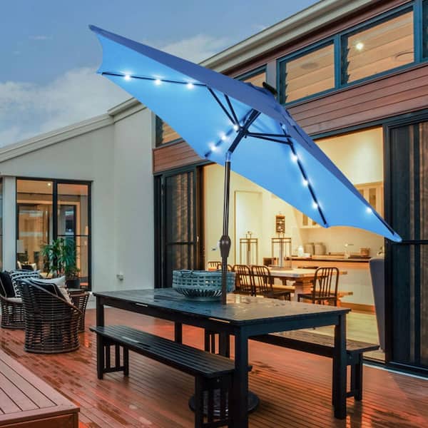 9 ft. LED Solar Market Patio Umbrella with Crank in Blue