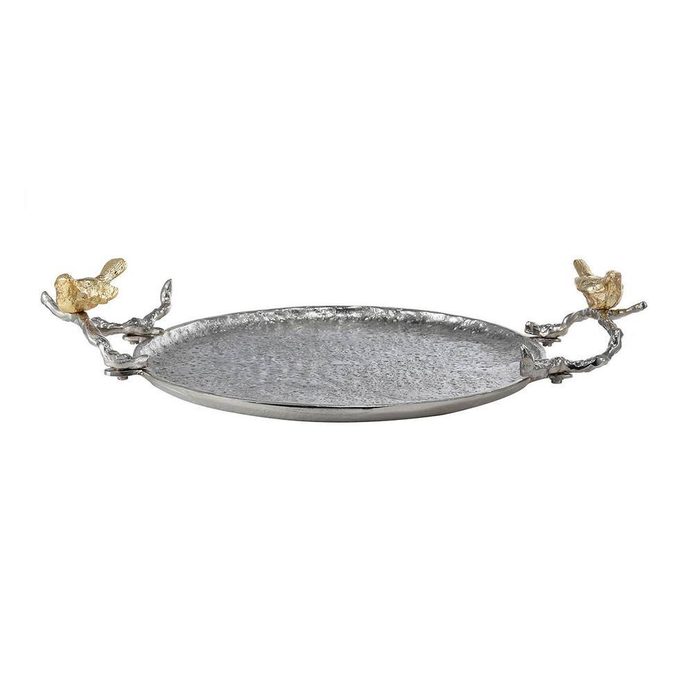 Round Silver Aluminum Serving Tray with Gold Bird Handles