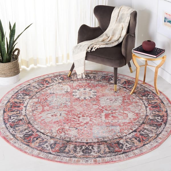 Serapi Rust/Gray 7 ft. x 7 ft. Machine Washable Border Ornate Round Area Rug