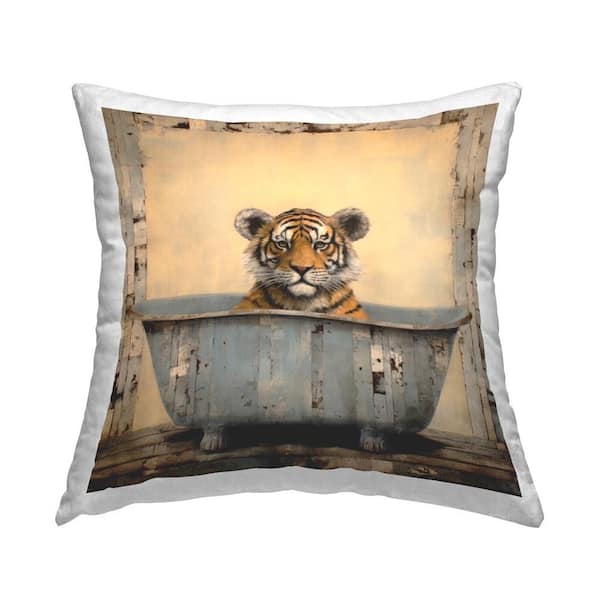 Stupell Industries Rustic Bath Tiger Tan Print Polyester 18 in. x 18 in. Throw Pillow