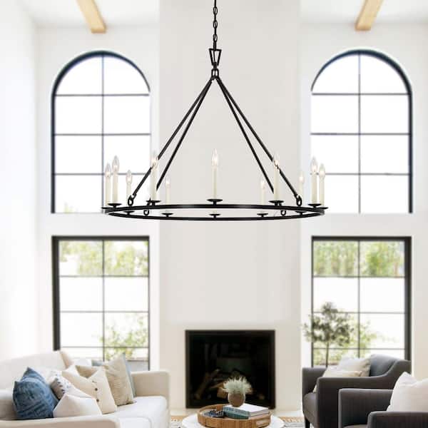 Williston 40 in. 12-Light Black Candle Style Wagon Wheel Chandelier