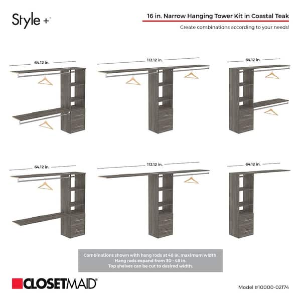 ClosetMaid Style+ 73.1 in W - 121.1 in W Coastal Teak Basic Wood Closet System Kit with Top Shelves and Modern Drawers