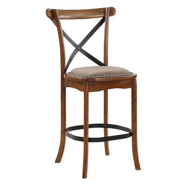 OSP Home Furnishings Alesi 26.25 in. Wood Counter Stool with Brass Nailheads in Fiji Brown Finish and Linen Fabric (set of 2) Included