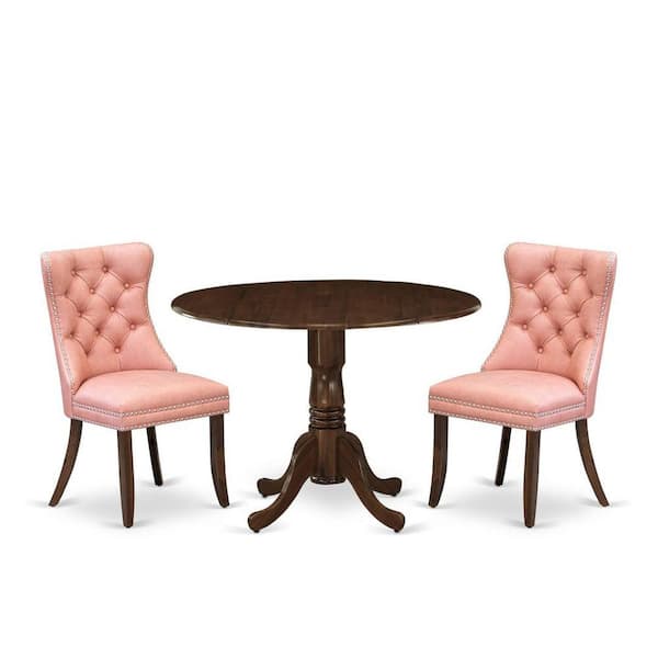 East West Furniture 3-Piece Antique Walnut Finish Solid Wood Top-Round Upholstered Dining Room Set with Dropleaf-Seats 4