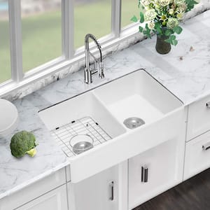 YSNSINKSA White Fireclay 33 in. 50/50 Double Bowl Drop-In Farmhouse Apron Kitchen Sink with Bottom Grids and Strainers
