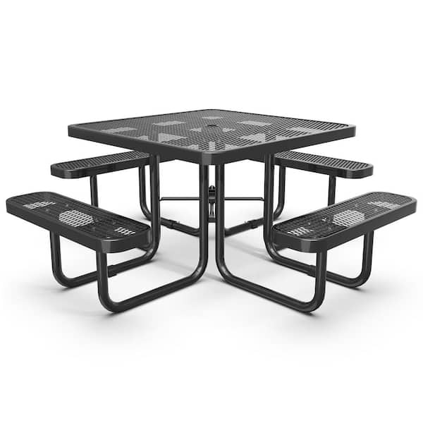 Sudzendf 46.00 in. Black Square Metal Outdoor Picnic Table Seats 4-8 People with Umbrella Hole