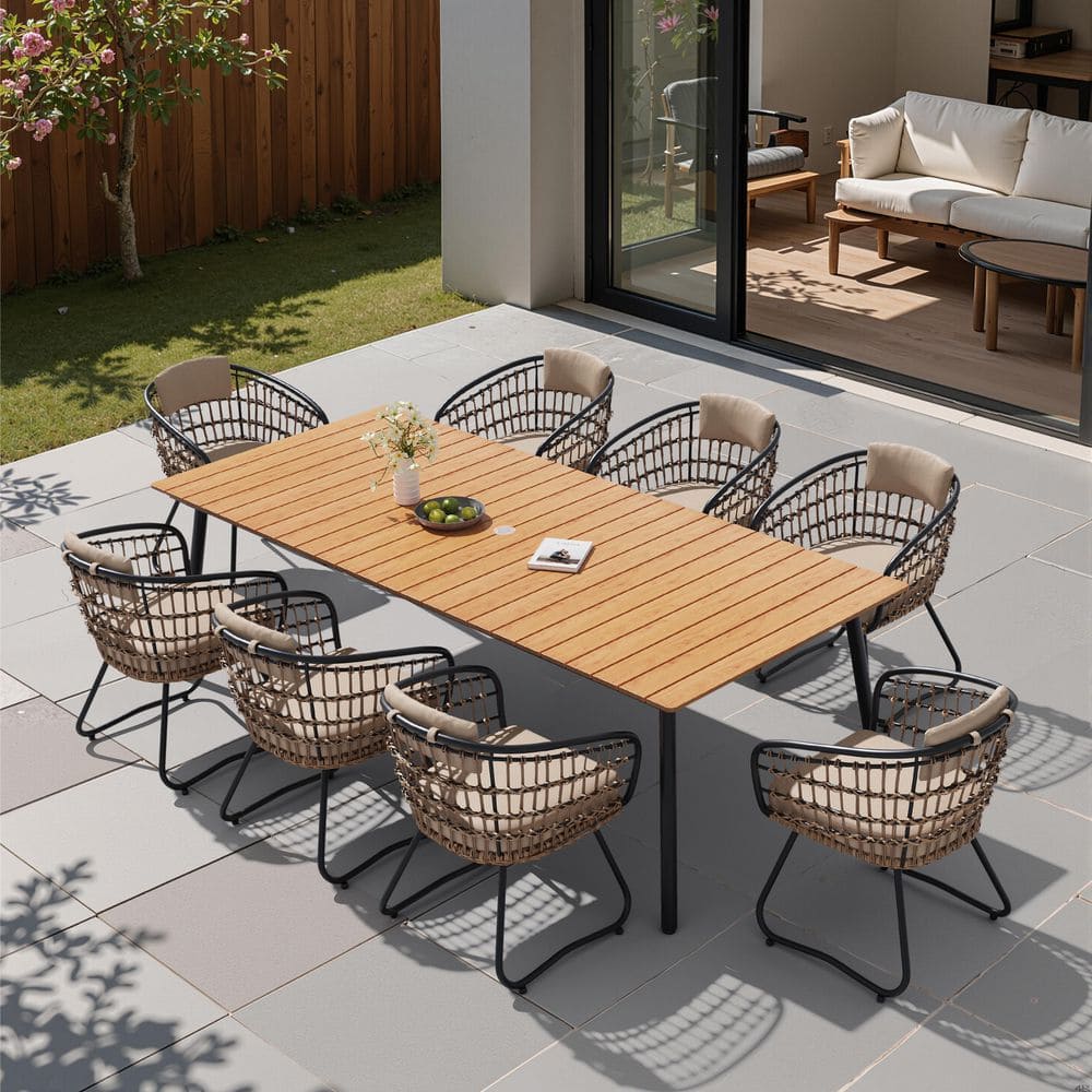 9-Piece Aluminum Frame Outdoor Dining Set Brown WPC Board Table Wicker Chair with Thick Cushion Umbrella Hole For Patio price history on PriceWatchPro