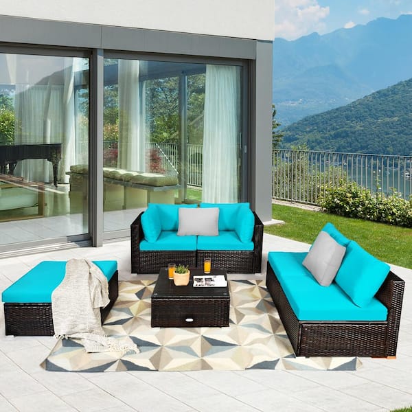 Liviza 6-Piece Wicker Outdoor Sectional Set with Turquoise Cushions and Tempered Glass Top Coffee Table