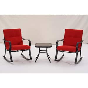 Black 3-Piece Patio Metal Outdoor Rocking Chair Set with Red Cushions