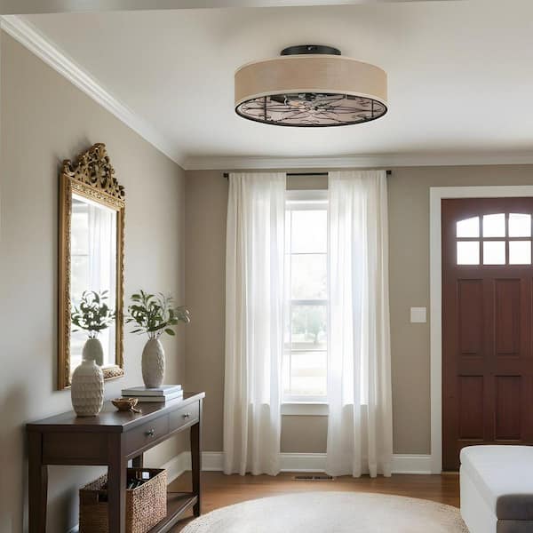 19.7 in. Indoor Beige Low Profile Cage Ceiling Fan with Remote, Fabric Shade