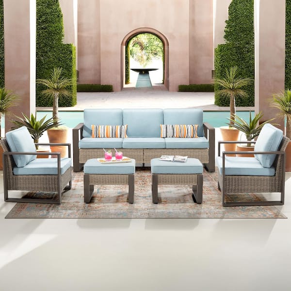 5-Piece Patio Wicker Outdoor Conversation Sectional Set with Steel Frame and Baby Blue Cushions