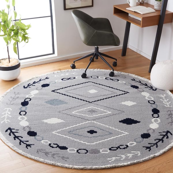 Marrakesh Gray/Navy 7 ft. x 7 ft. Round Geometric Striped Area Rug