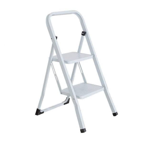 Tidoin 2-Step White Steel Folding Portable Ladder Step Stool with 330 lbs. Capacity