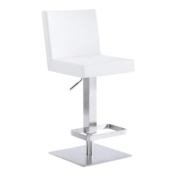 Armen Living Cleaon Contemporary Adjustable 35-43.5 in. Swivel Bar Stool in Brushed Stainless Steel and White Faux Leather
