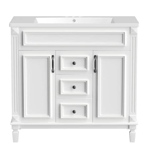 Bnuina 35.9 in. W x 18.1 in. D x 34 in. H Single Sink Freestanding Bath Vanity in White with White Resin Top