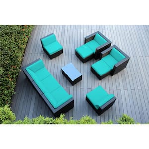 Black 10-Piece Wicker Patio Seating Set with Sunbrella Aruba Cushions