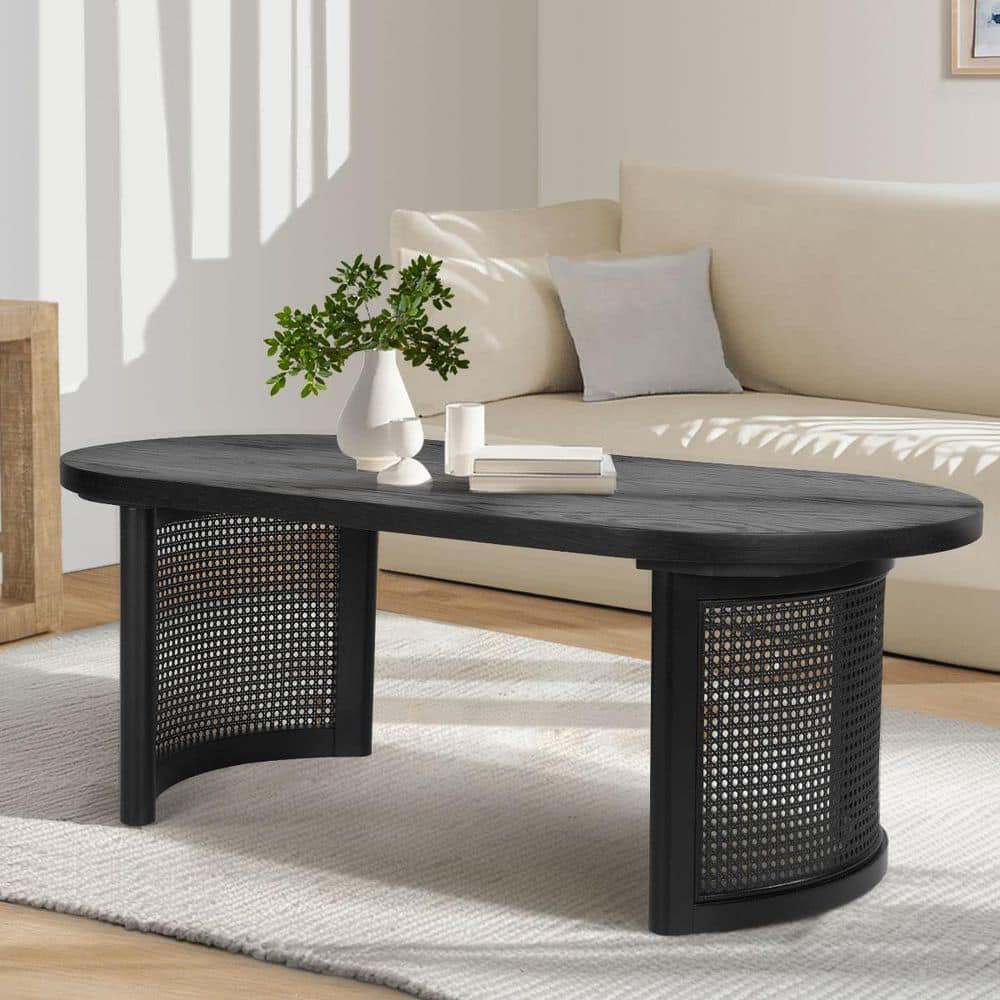 LAOTIES 24 in. x 48 in. Black Oval MDF Pedestal Coffee Table AODAI