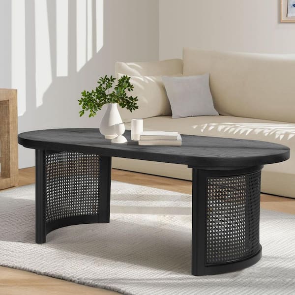 24 in. x 48 in. Black Oval MDF Pedestal Coffee Table