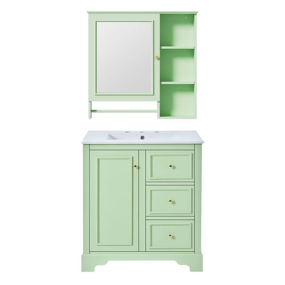 30 in. Freestanding Bath Vanity in Green with White Ceramic Single Basin To
