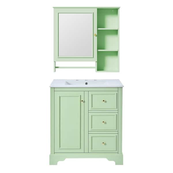 Adrinfly 30 in. Freestanding Bath Vanity in Green with White Ceramic Single Basin Top and Mirror 3 Drawers, Adjustable Shelves