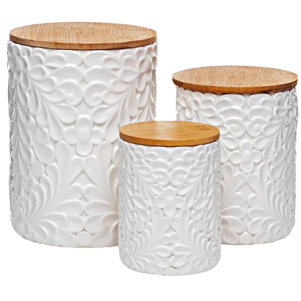 Anqtovp Set of 3 Engraved Ceramic Kitchen Canisters for Countertop with Airtight Bamboo Lids & with 74-36-18 Oz. in White