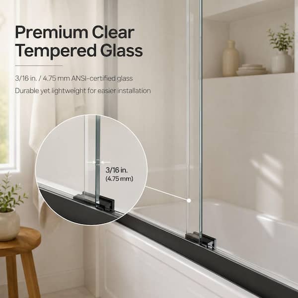 Breeze 60 in. W x 56 in. H Sliding Semi Frameless Tub Door in Matte Black Finish with Clear Glass