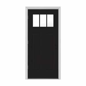 32 in. x 80 in. 3 Lite Craftsman Black Painted Steel Prehung Right-Hand Outswing Front Door w/Brickmould