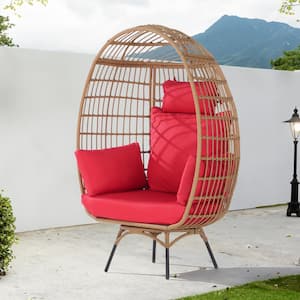 Patio Wicker Swivel Egg Chair, Oversized Indoor Outdoor Egg Chair, Brown Ratten Red Cushions