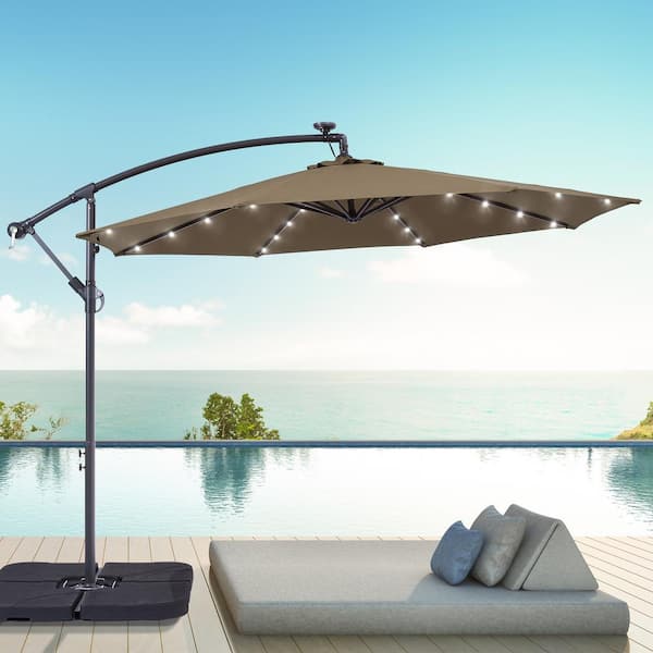 Sonkuki 10 ft. Round Outdoor Patio Solar LED Lighted Cantilever Umbrellas in Taupe