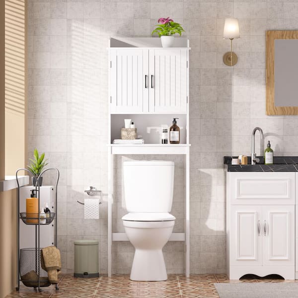 21.7 in. W x 66.9 in. H x 7.1 in. D White Bathroom Over-the-Toilet Storage with Adjustable Shelf and Doors