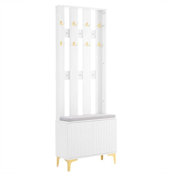 Modern Luxury 4 in 1-Hall Tree with Cushion, 8-Gold Hooks and Legs, Adjustable Shelves and Fluted Doors, White