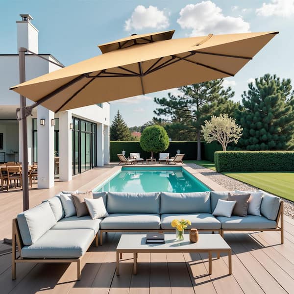10x10 square cantilevered patio umbrella Aurora 10x10' Square Cantilever Umbrella With Crank Lift Infinity Tilt