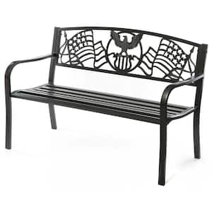 Steel Outdoor Patio Garden Park Seating Bench with Cast Iron Patriotic American Flag and Eagle Backrest