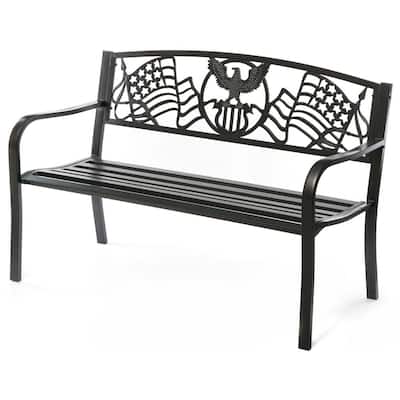 Steel Outdoor Patio Garden Park Bench with Cast Iron "American Flag" Backrest