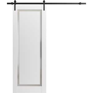 30 in. x 80 in. 1 Panel Frosted Glass Painted White Solid Wood Sliding Barn Door with Hardware Kit