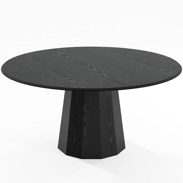 60 in. Natural Oak Wood Black Color Column Pedestal Round Kitchen Table Dining Table Seats 6