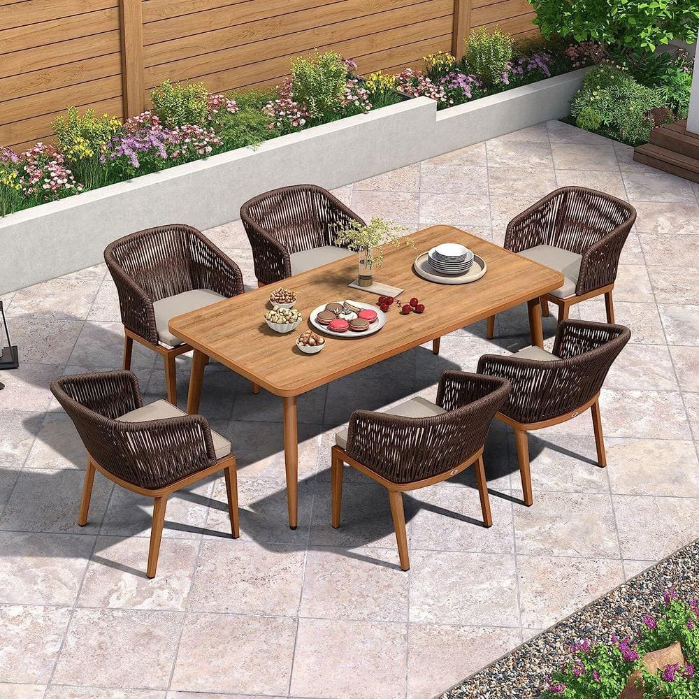 7-Piece Aluminum Wicker Dining Table and Armchairs Patio Outdoor Dining Set Teak Furniture Set with Cushions, Grey