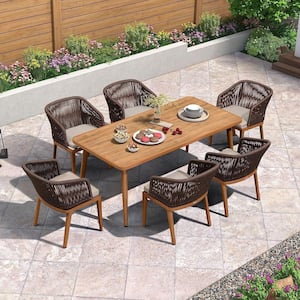 7-Piece Aluminum Wicker Dining Table and Armchairs Patio Outdoor Dining Set Teak Furniture Set with Cushions, Grey