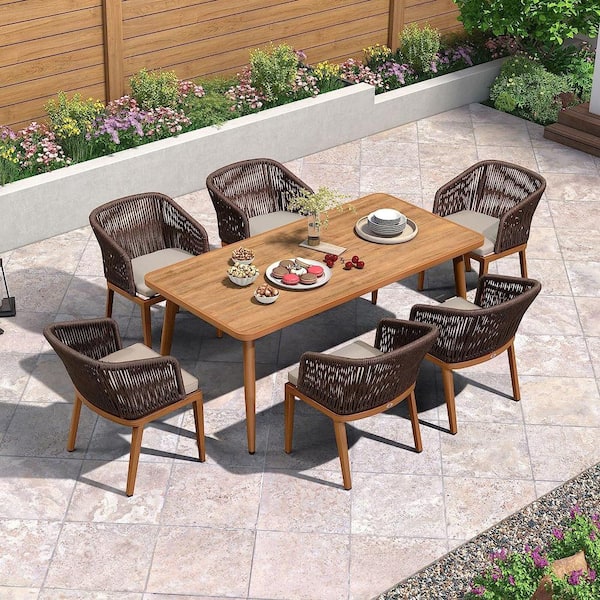 PURPLE LEAF 7-Piece Aluminum Wicker Dining Table and Armchairs Patio Outdoor Dining Set Teak Furniture Set with Cushions, Grey