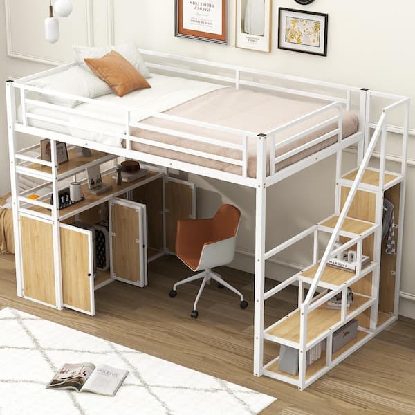 Metal White Full Loft Bed with Wardrobe and Shelves