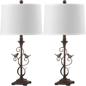 Birdsong 28 in. Oil-Rubbed Bronze Iron Table Lamp with Off-White Shade (Set of 2)
